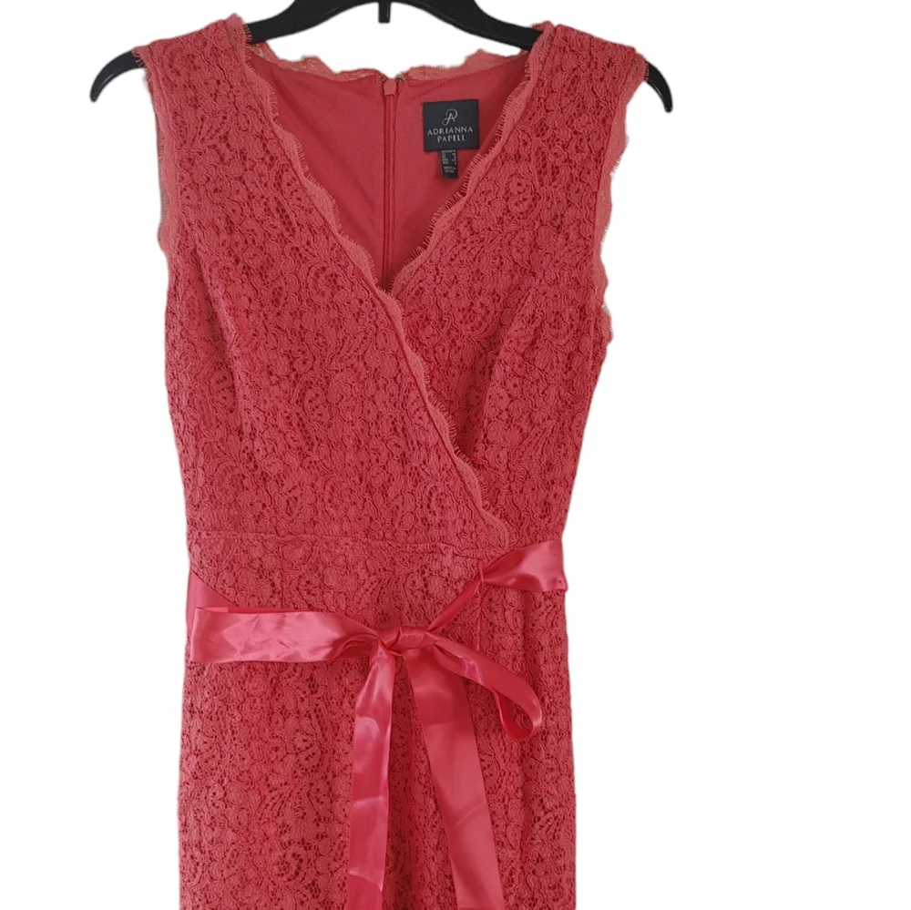 NWOT ADRIANNA PAPELL LACE FAUX WRAP CORAL SHEATH DRESS Size 4 - Picture 8 of 11